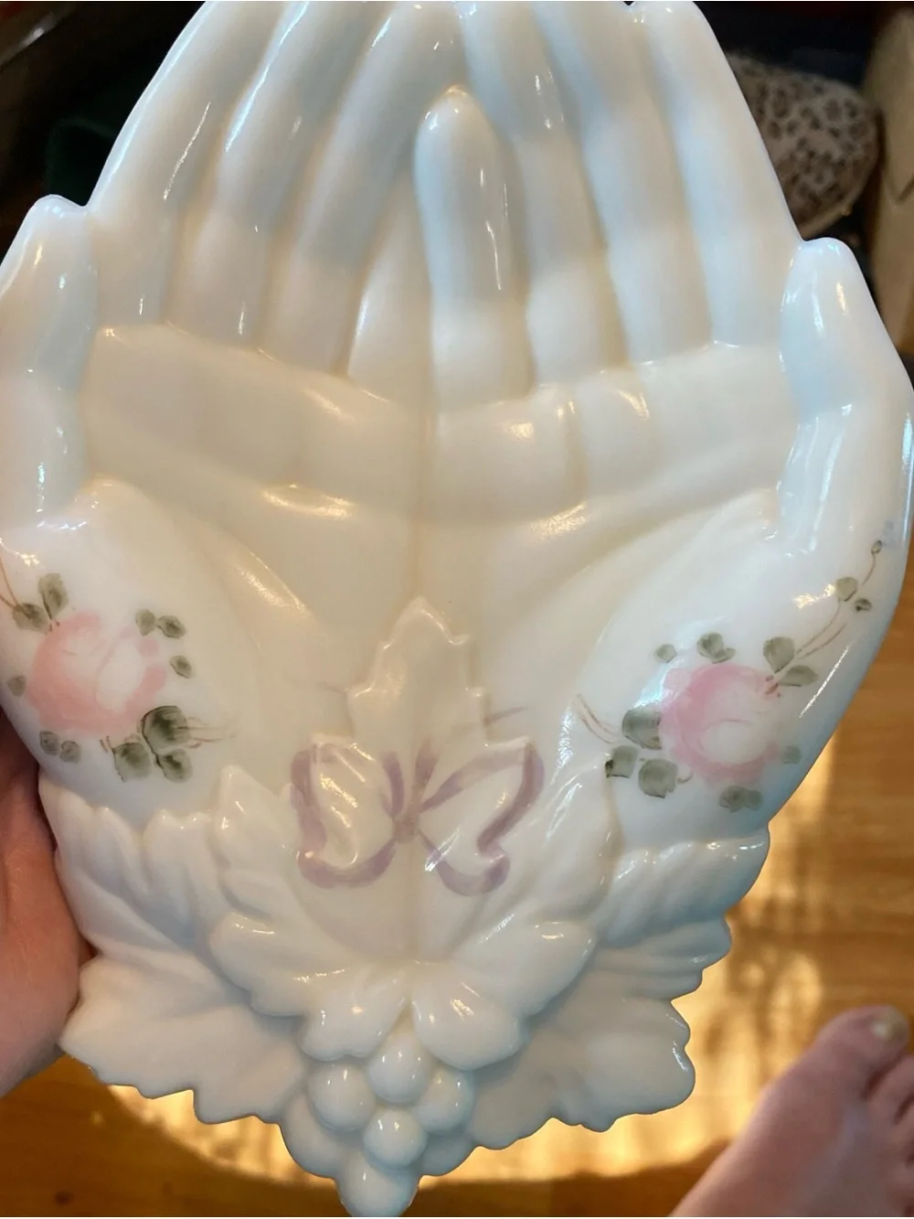 Westmoreland White Milk Glass Hand-Shaped Dish with Pink Rose Accents